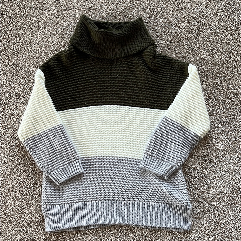 Striped Turtleneck Sweater - Dark Army Green, Cream, and Gray